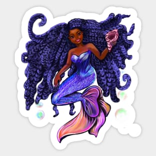 mermaid with flowing braids holding sea shell , brown eyes curly Afro hair and caramel brown skin Sticker